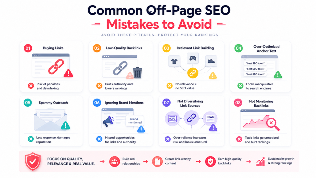 25 Essential Off-Page SEO Checklist Items Every Website Needs: Infographic highlighting common off-page SEO mistakes to avoid, including buying links, low-quality backlinks, irrelevant link building, over-optimized anchor text, spammy outreach, ignoring brand mentions, limited link diversity, and failing to monitor backlinks, while emphasizing quality, relevance, and sustainable SEO growth.