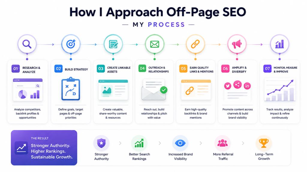 25 Essential Off-Page SEO Checklist Items Every Website Needs: Infographic illustrating a seven-step off-page SEO process, including research, strategy, linkable content creation, outreach, quality link building, content promotion, and performance monitoring to improve authority, rankings, referral traffic, and long-term organic growth.