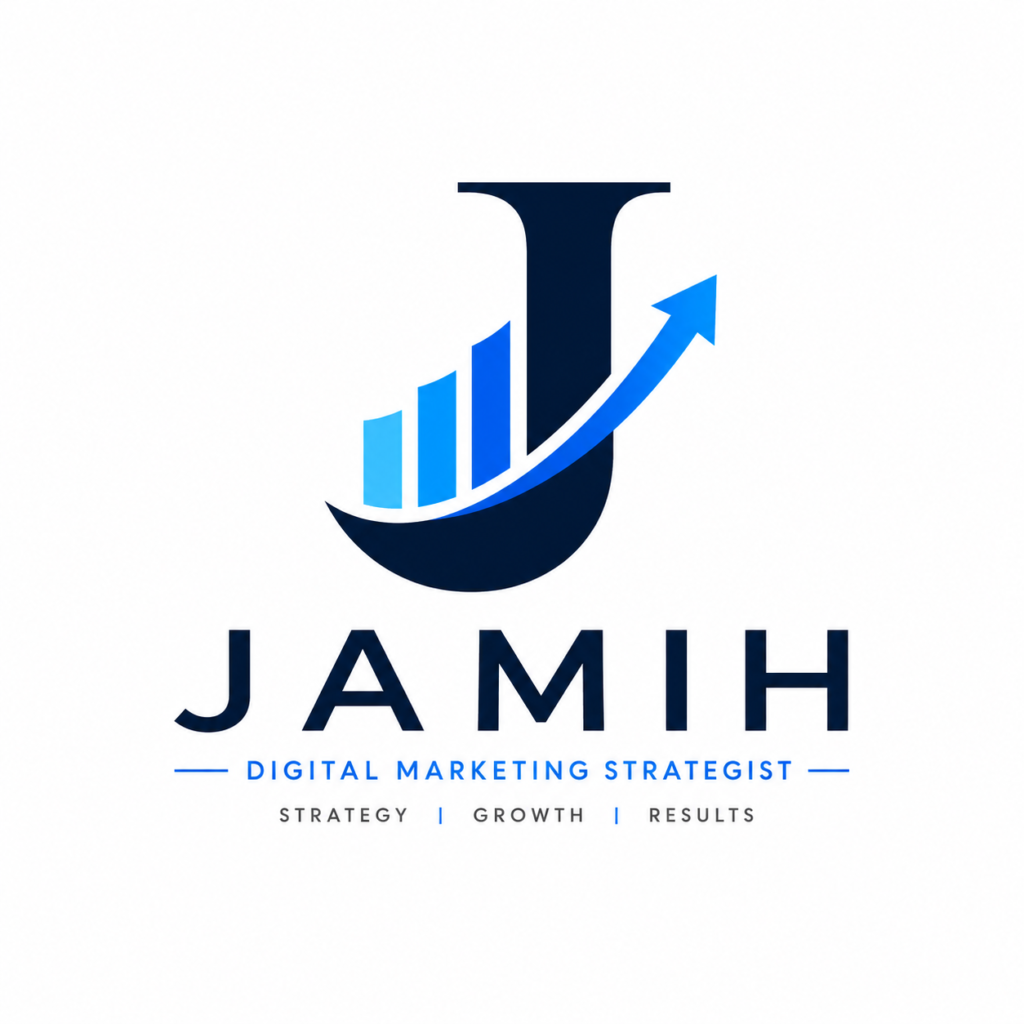 JAMIH logo representing a digital marketing strategist in Thrissur, featuring a modern blue "J" monogram with an upward growth arrow and bar chart symbolizing SEO, business growth, and digital marketing expertise.